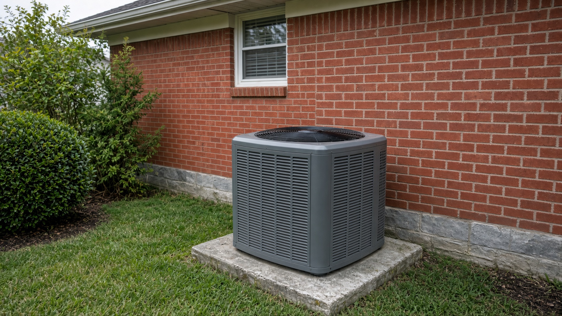 Outdoor air-conditioner condenser beside a brick house